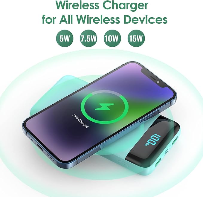 Wireless Portable Charger 30,800mAh 15W Wireless Charging 25W PD QC4.0 Fast Charging Smart LED Display USB-C Power Bank,4 Output& 2 Input External Battery Pack Compatible with iPhone,Samsung etc-Green