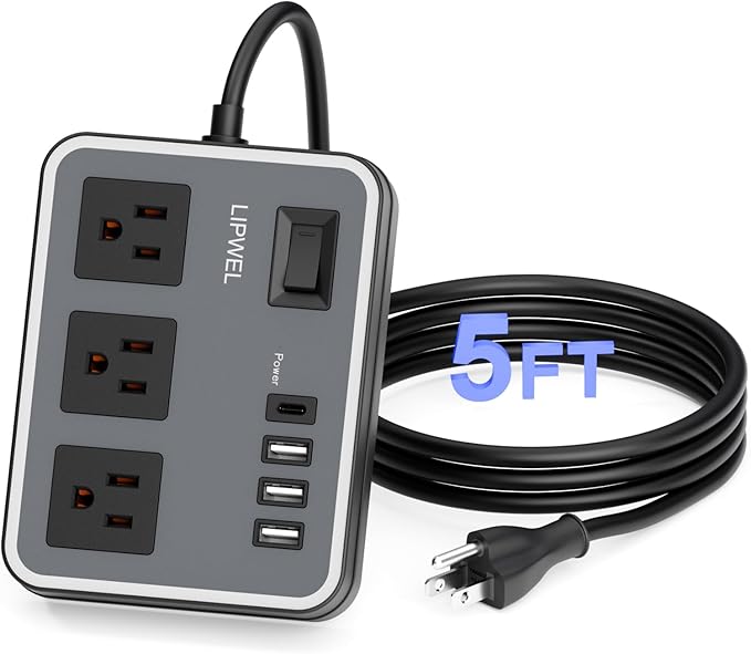 3 Outlet Power Strip with 3 USB Charging Ports and 1 USB-C Port, 1200W Extension Cord 5ft Power Cord, Black,Overload Protection Switch,No Surge Protector for Cruise Ship, Travel, Dorm, Home, Office