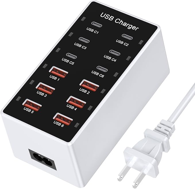 USB C Charging Station Cell Phone Wall Charger 12Ports USBC Fast Charging Power Hub Cube 6 USB A 6 USB C Charger Block Power Strip Dock Adapter for iPhone 15/14/13 iPad Android Smart Phones