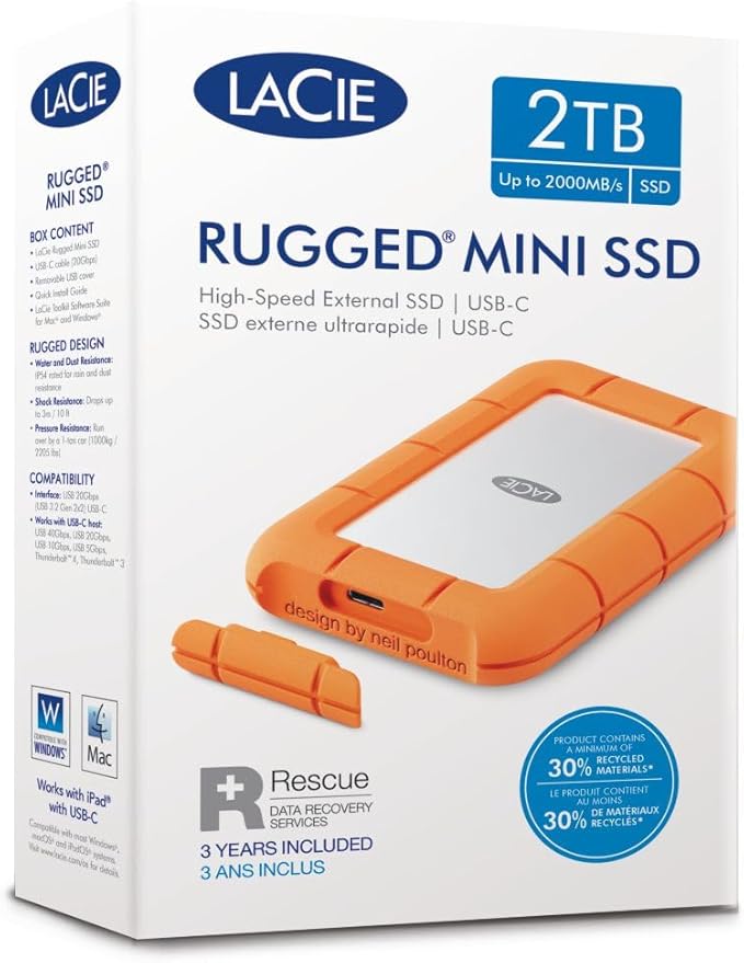 LaCie Rugged Mini SSD 2TB Solid State Drive - USB 3.2 Gen 2x2, speeds up to 2000MB/s, Compatible with PC, Mac, and iPad (STMF2000400)