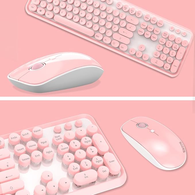 Pink Wireless Keyboard Mouse Combo,104 Round Keys Cute Colorful Keyboard Retro Typewriter Style,Letton Full Size Keyboard with Number Pad&Mouse with 3 DPI for PC Mac Laptop Computer Windows