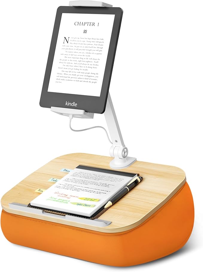 Lap Beanbag Cozy Kindle Pillow Stand for Bed with Adjustable Arm, 360° Tablet Holder, Fits 4.7"-13" Kindle, iPad, Phone, Lap Desk for Hands Free Reading in Bed, Couch, Sofa,Orange