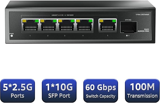 6 Port 2.5Gb Unmanaged Ethernet Switch with 5* 2.5G Base-T Ports, 1*10G SFP Ports, AUMOX PRO 60Gbps Switching Capacity Compatible with 100/1000/2500Mbps Plug and Play