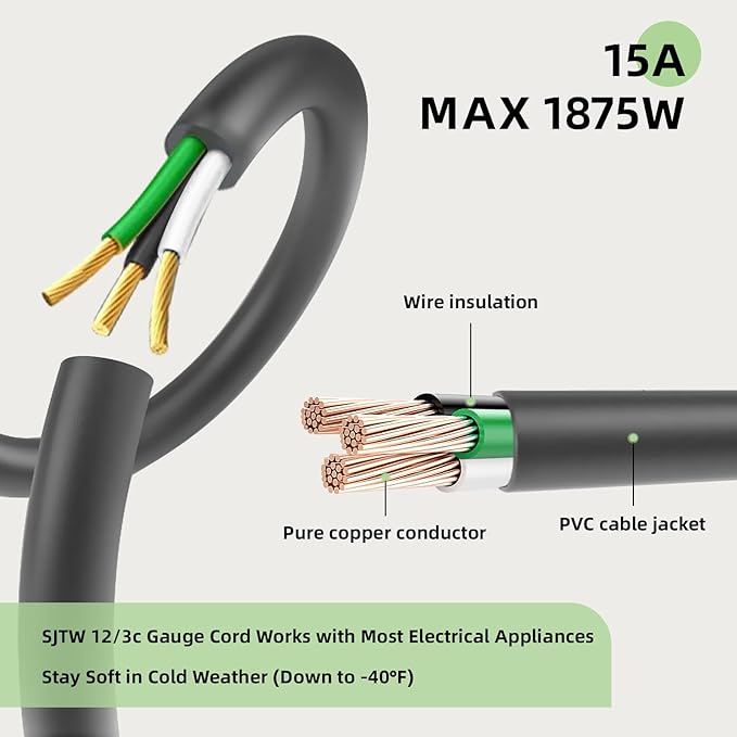 EP 25 Ft Outdoor Extension Cord, 12/3 SJTW Heavy Duty Extension Cable with 3 Prong Grounded Plug, 15 AMP Power Cord for Lawn, Garden, Appliances, Gray