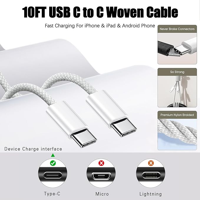 iPhone 17 16 Charger,4-Port USB C Charger Block Fast Charging 2Pack 40W Wall Charger with 10FT USB C to C Woven Braid Cable Cord for iPhone 17 Pro Max/17 Pro/17/Air/16e/16 Pro Max/16 Plus/15/iPad