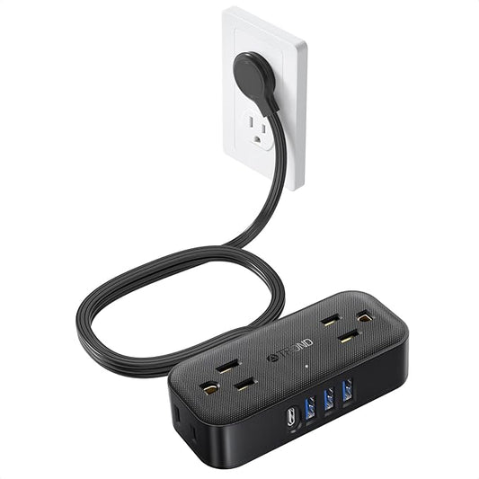 TROND Travel Power Strip with USB Ports, 5ft Flat Plug Extension Cord with Multiple Outlets, Small Wall Mount Extender Adapter for Office Dorm Room Essentials, Black