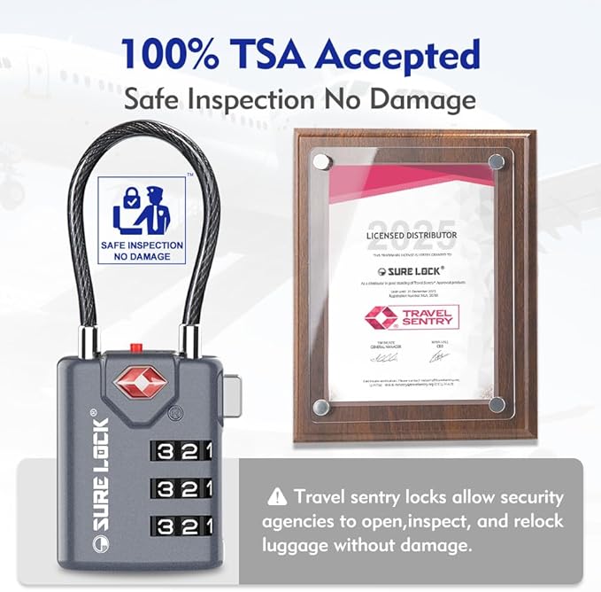 SURE LOCK TSA Compatible Travel Luggage Locks, Inspection Indicator, Easy Read Dials TSA Approved with Zinc Alloy Grey 2 Pack