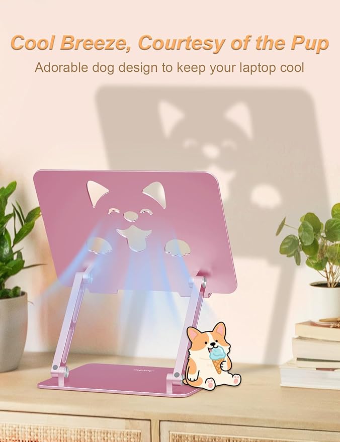Laptop Stand for Desk – Adjustable Portable Laptop Riser, Aluminum Laptop Holder Compatible with MacBook Air Pro, Dell, HP, Lenovo (10"-17.3"), Featuring Unique Puppy Panel Design, Rose Gold