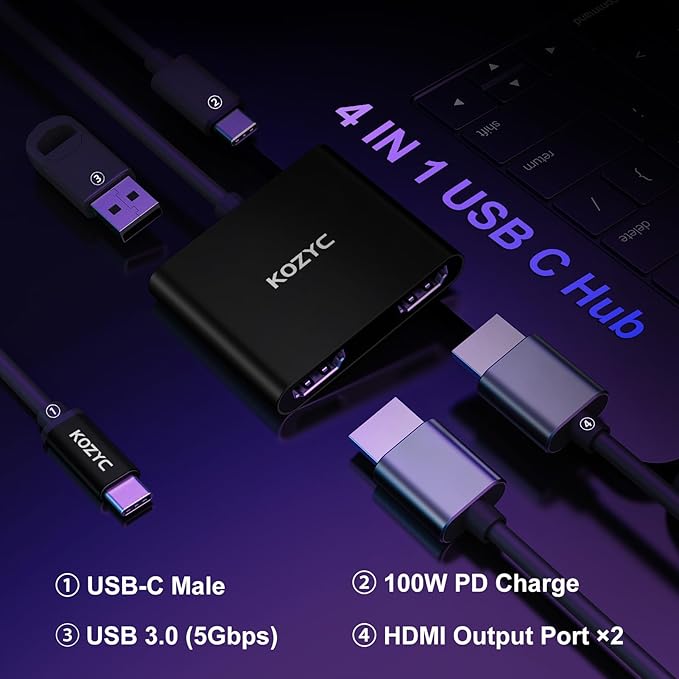 USB C to Dual HDMI Adapter 4K@30Hz, USB C Hub Multiport Adapter with 2xHDMI, USB 3.0, 100W PD, Support USB C to HDMI Splitter Extended Display (MST Only Support Windows), Black