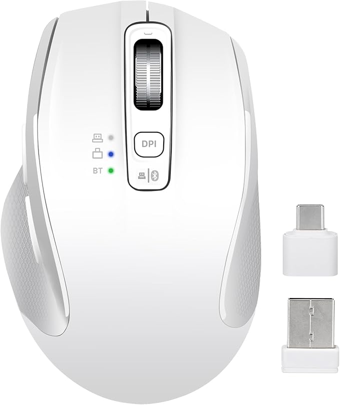Wireless Mouse with Bluetooth, USB-A, USB-C Receiver, Rechargeable, Full Size Mouse, Silent, Portable, Ergonomic, for MacBook/Laptop/Computer/PC/iPad (White)