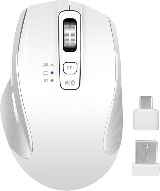 Wireless Mouse with Bluetooth, USB-A, USB-C Receiver, Rechargeable, Full Size Mouse, Silent, Portable, Ergonomic, for MacBook/Laptop/Computer/PC/iPad (White)