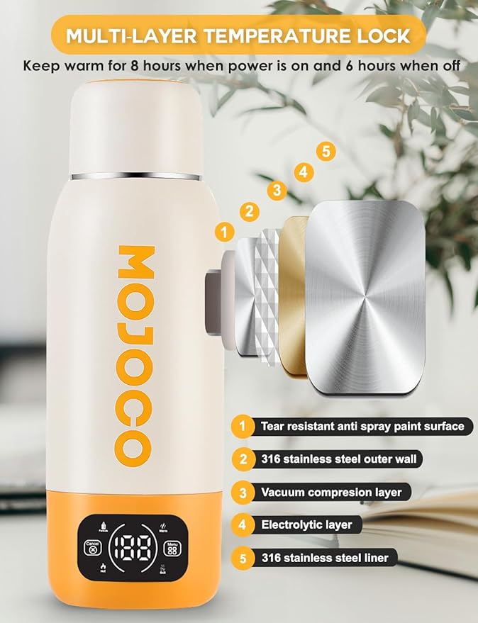 Mojoco Portable Electric Kettle - 20oz Leak Proof Travel Kettle for Coffee, Tea - Vacuum Insulated Stainless Steel Portable Water Boiler - Small Water Heater for RV, Camping