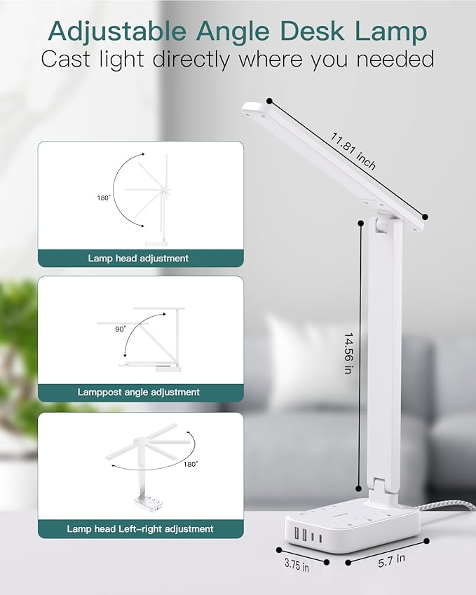 Addtam LED Desk Lamp, Power Strip with 3 Outlets 4 USB Charging Ports(2 USBC), 4 Modes 5 Level Brightness Touch Lamp, Small Desk Lamp for Home Office College Dorm Room Essentials, White