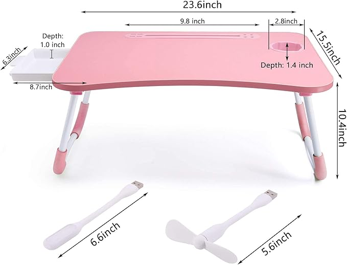 Slendor Lap Desk with Tablet Slot, Foldable Laptop Table with Storage Drawer for Bed，Portable Bed Desk for Laptop, Computer Tray with Cup Holder Notebook Stand Reading Holder for Couch Floor, Pink