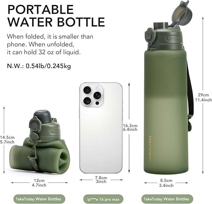 TakeToday Collapsible Water Bottles 32oz, Foldable Travel Water Bottle, BPA Free, Silicone Water Bottle Leakproof for Hiking, International Travel, Outdoors
