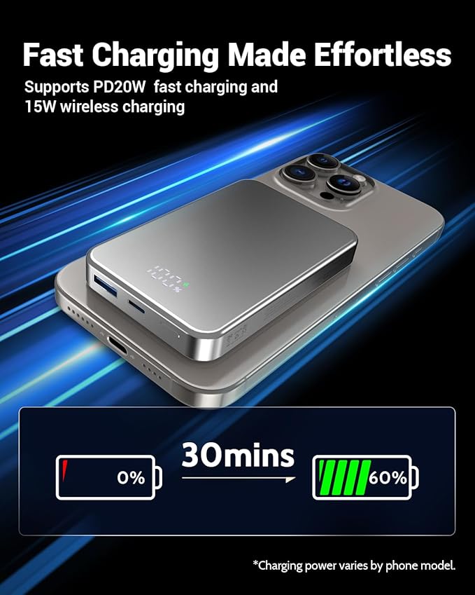 for Magsafe Portable Charger, Aluminum Alloy Small 10000mAh 20W PD Magnetic Power Bank, USB-C in&Out Wireless Battery Pack Phone Charger for iPhone 16/15/14/13/12 Plus Pro Max Series -Silvery