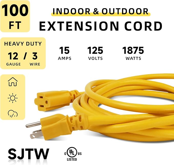 EP 100 Ft Outdoor Extension Cord, 12/3 SJTW Heavy Duty Extension Cable with 3 Prong Grounded Plug, 15 AMP Power Cord for Lawn, Garden, Appliances, Yellow