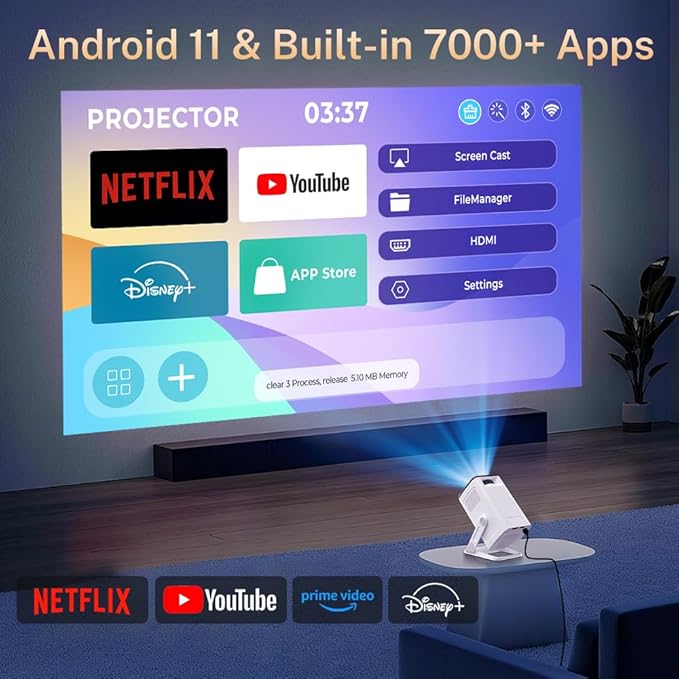 Mini Projector 1080P 4K Support with WiFi 6 and Bluetooth 5.4 Built-in Apps TV Android 11 Auto Keystone Outdoor Portable Projector Compatible with iOS/HDMI/TV Stick VisualCube 300