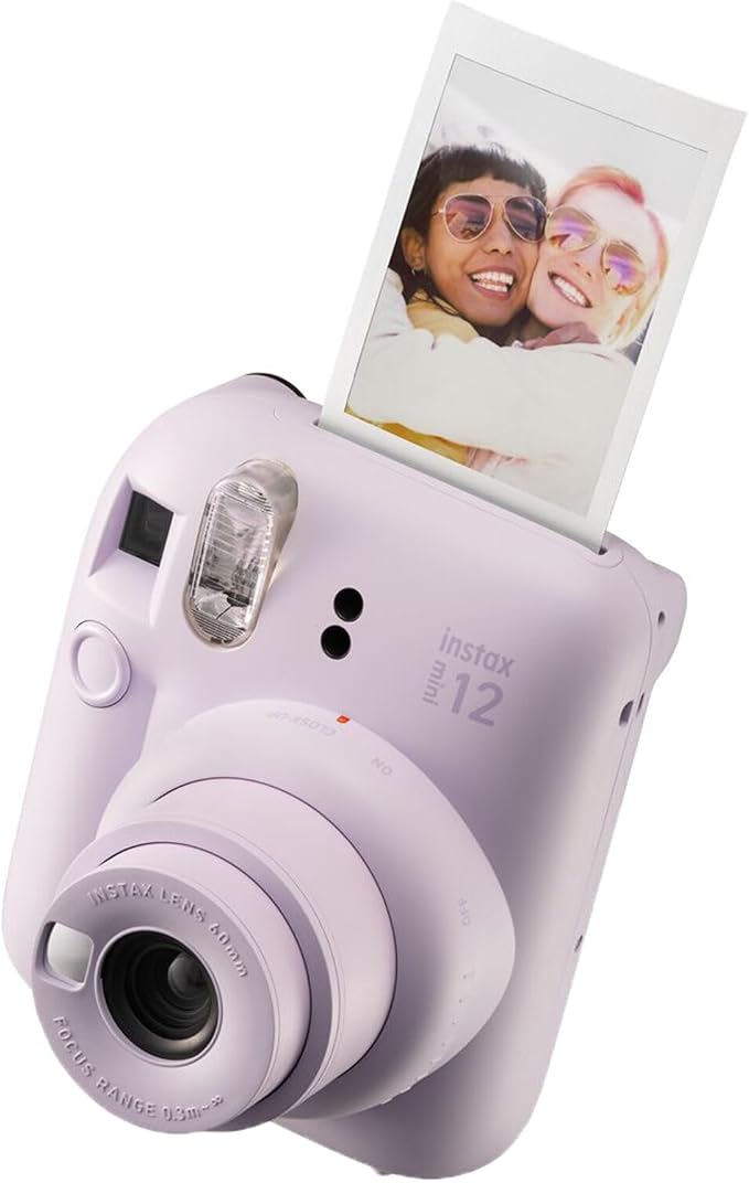 Fujifilm Instax Mini 12 Instant Camera + MiniMate Accessory Bundle & Compatible Custom Case + Fuji Instax Film Value Pack (50 Sheets) Flamingo Designer Photo Album (Lilac Purple)