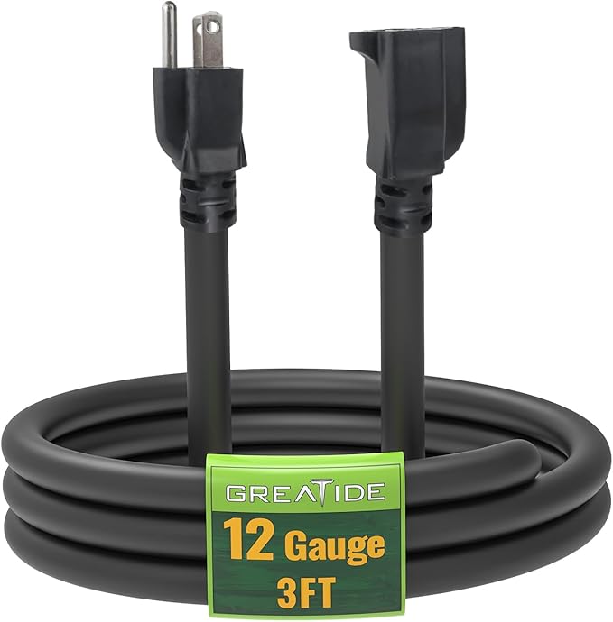 3 Ft Extension Cord - 12/3 SJTW Heavy Duty Black Extension Cable with 3 Prong Grounded Plug - Power Cord for Lawn, Garden, Appliances