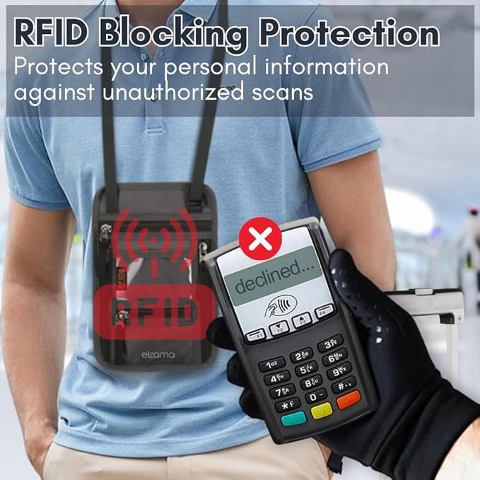 elzama Travel Neck Wallet, Neck Passport Holder, RFID Blocking Passport Wallet Super Slim & Lightweight Travel Pouch Holder for Men & Women (Light Grey)