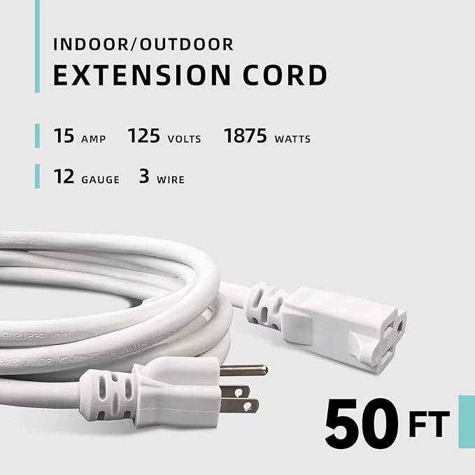 50ft Indoor Outdoor Extension Cord - 12/3 SJTW Heavy Duty Extension Cable with 3 Prong Grounded Plug for Safety -15Amp 1875W White Electric Cord Great for Garden, Appliances