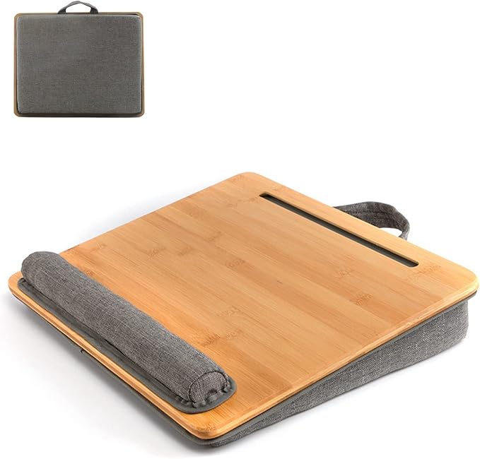 SUMISKY Lap Desk-Portable Laptop Stand with Cushion, Bamboo Platform with Phone Holder, Wrist Pad Fits up to 15.6 Inch Laptops