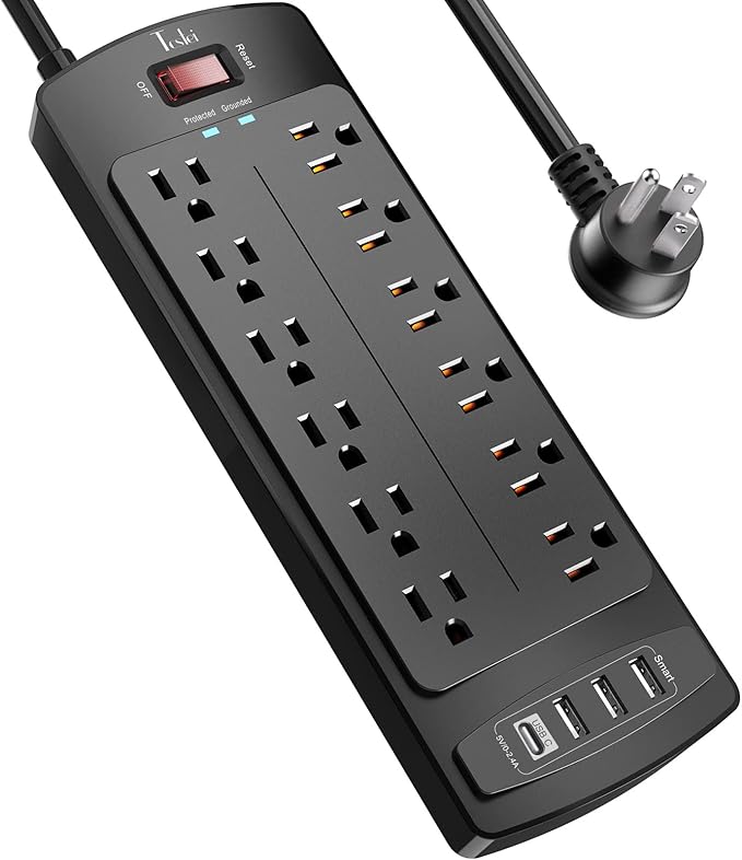 Power Strip, Tcstei Surge Protector with 12 Outlets and 4 USB Ports, 6 Feet Extension Cord (1875W/15A) for for Home, Office, Dorm Essentials, 2700 Joules, ETL Listed, (Black)