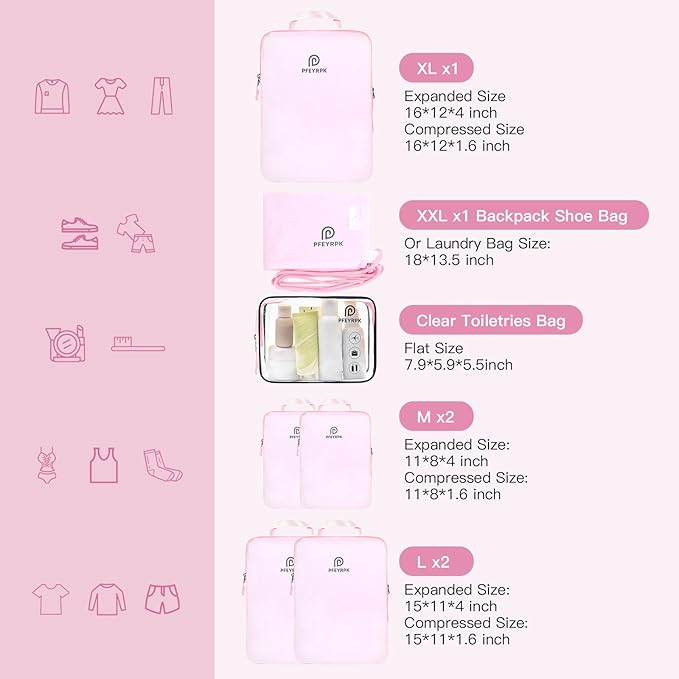 Lightweight Compression Packing Cubes for Suitcases, Compressible Expandable Travel Packing Organizer with Clear Toiletries and Backpack Bag, Travel Essentials for Carry on Luggage 7 Set