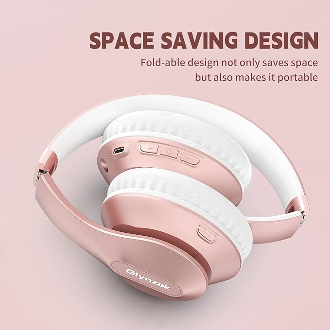 Wireless Bluetooth Headphones Over Ear 65H Playtime HiFi Stereo Headset with Microphone and 6EQ Modes Foldable Bluetooth V5.3 Headphones for Travel Smartphone Computer Laptop Rose Gold
