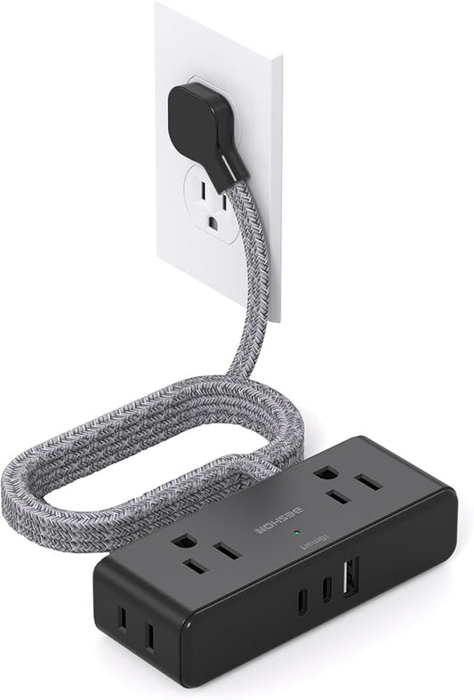 Black Flat Extension Cord 3 feet, Flat Plug Power Strip, 4 Widely Outlets with 3 USB Ports (2 USB C), 3 Side Outlet Extender with Extension Cord with Multiple Outlets for Home, Dorm Room Essentials
