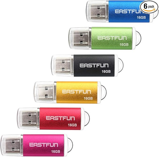 EASTFUN 6 Pack 16GB USB 2.0 Flash Drive Memory Stick Thumb Drive, with LED Indicator, 6 Pcs Mix Colors: Rose/Red/Gold/Black/Green/Blue