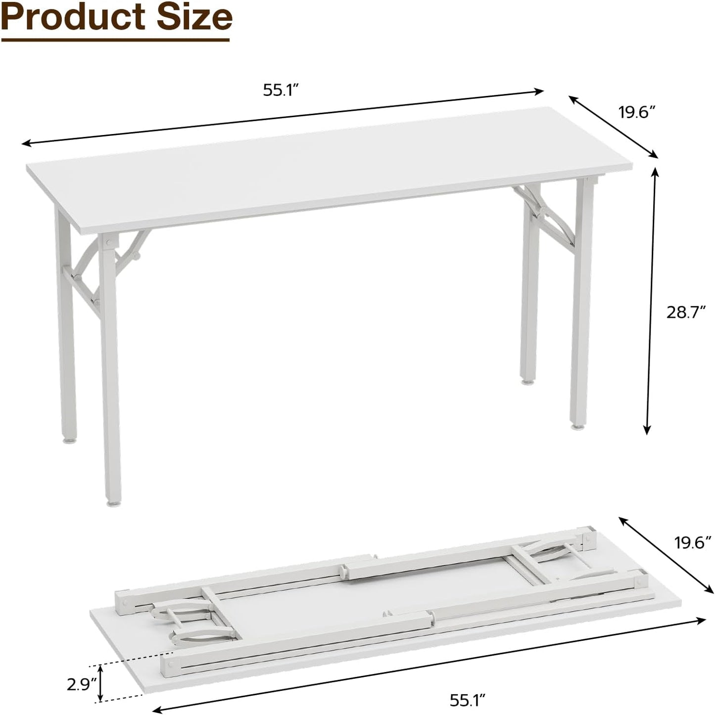 TEMI Long Computer Desk Folding Table - 55.1" Foldable Office Desk, No Assembly, Perfect Writing Table for Bedroom, Dorm, or Apartment, Portable Large Desk or Study Table with Compact Design, White