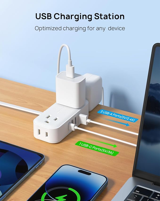 TROND Travel Power Strip with USB Ports, 5ft Flat Plug Extension Cord with Multiple Outlets, Small Wall Mount Extender Adapter for Office Dorm Room Essentials, White