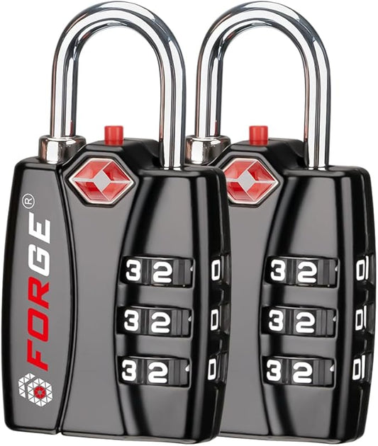 Forge TSA Approved Luggage Locks for School, Gym, Suitcase, Baggage, and Locker. Open Alert Indicator, Easy Read Dials, Alloy Body. Matte Black, 2-Pack.