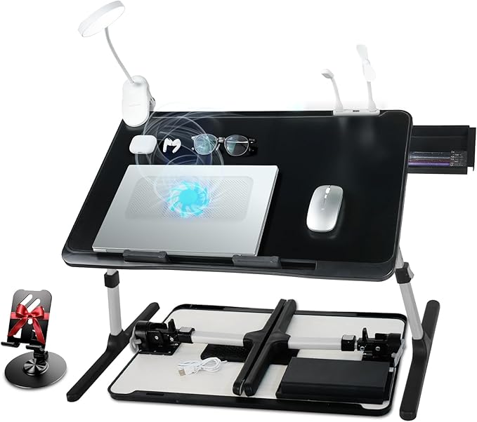 iXTRA Laptop Lap Desk Include Cooling Fan,Adjustable Lap Desk with Light Fan,Folding Laptop Desk for Bed with USB,Bed Desk with Storage Drawer 60 * 40cm,Black