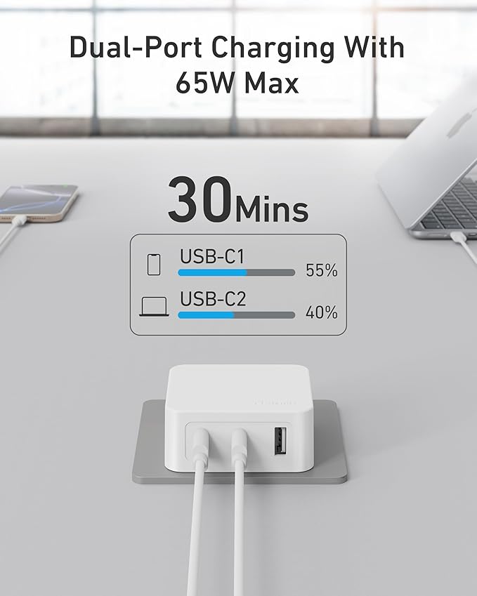 Nekmit 67W Flat USB C Charger Block, 3-Port GaN Fast Wall Charger, USB C Wall Plug for MacBook Pro/Air, iPad, iPhone, Galaxy and More