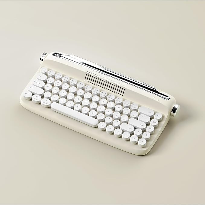 YUNZII Upgraded Wireless Typewriter Keyboard, Retro Aesthetic with Integrated Stand,Cute Round Keycaps, USB-C/Bluetooth Connection for Table, Phone, PC and Win/Mac/Android (B307, Ivory Butter)