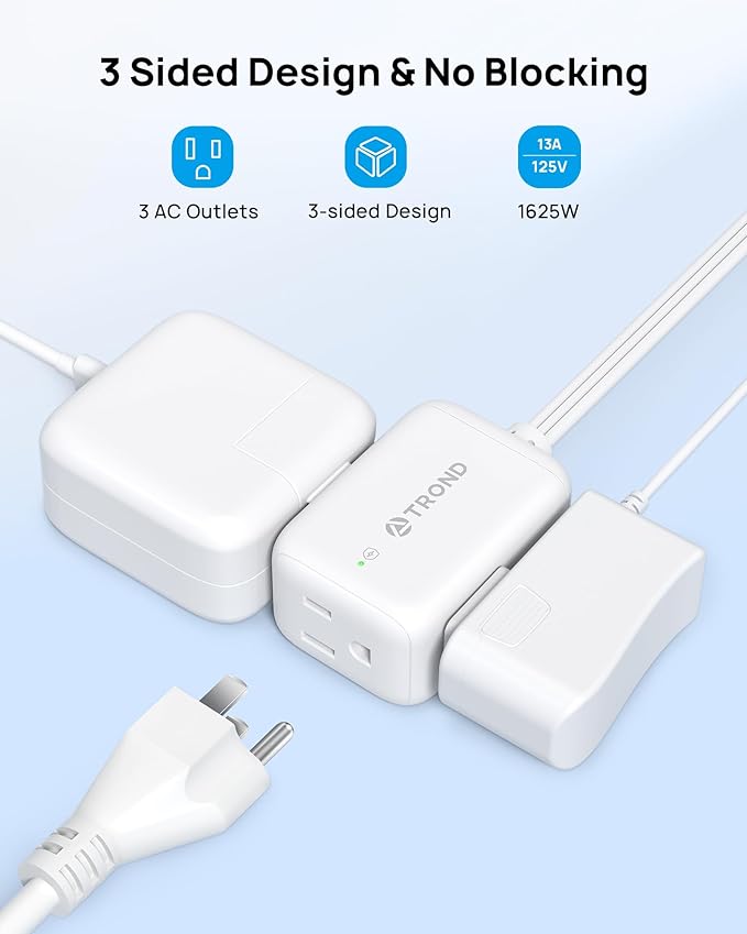 TROND 360° Rotating Flat Plug Extension Cord Surge Protector 3ft, Small Power Strip with 900 Joules, Three Side Grounded Outlets, 13A, 16 Gauge Wire, for Indoor Home Office Dorm Room Travel, White