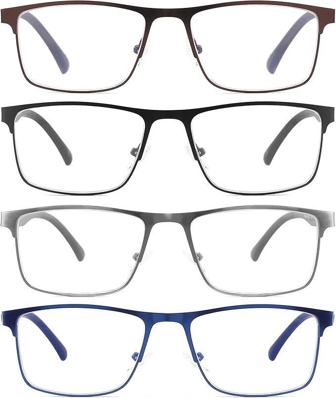 4-Pack Blue Light Blocking Reading Glasses for Men Stylish Metal Frame Readers with Comfort Spring Hinges Anti Glare UV Filter Eyeglasses, +3.75 STRENGTH