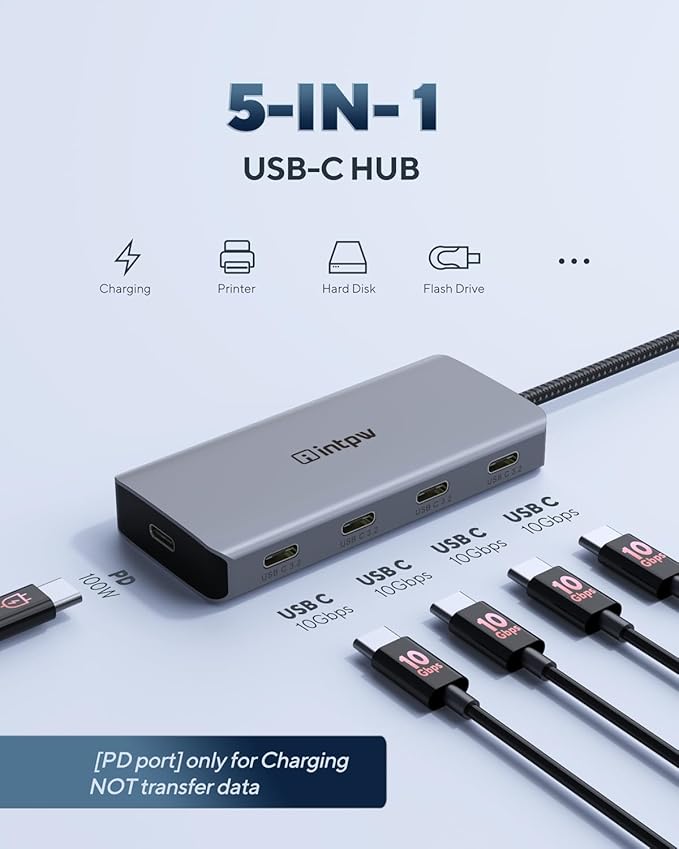 Powered USB Hub 10Gbps, intpw 9-Port USB 3.2 Hub, USB C Hub with USB A/USB C 3.2, 4 USB 3.0, 2 PD 45W Charging Ports, 65W Power Adapter and 3.3FT Cable, Aluminum USB Hub for Laptop, iPhone 16/15, PC