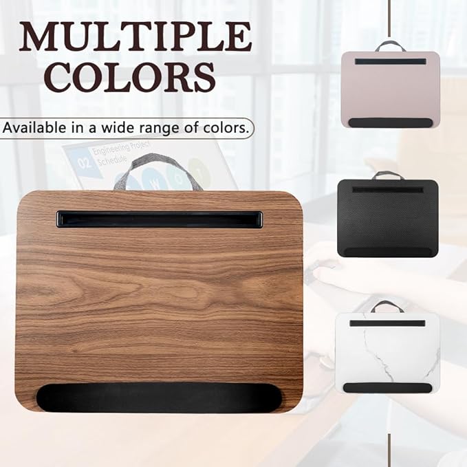 Portable Laptop Desk Fits Up to 16“ Laptops, with Tablet Slot, Built-in Cushion, Great for Home & Office,Lap Desk with Cushion (Brown with Wrist Rest, Medium)