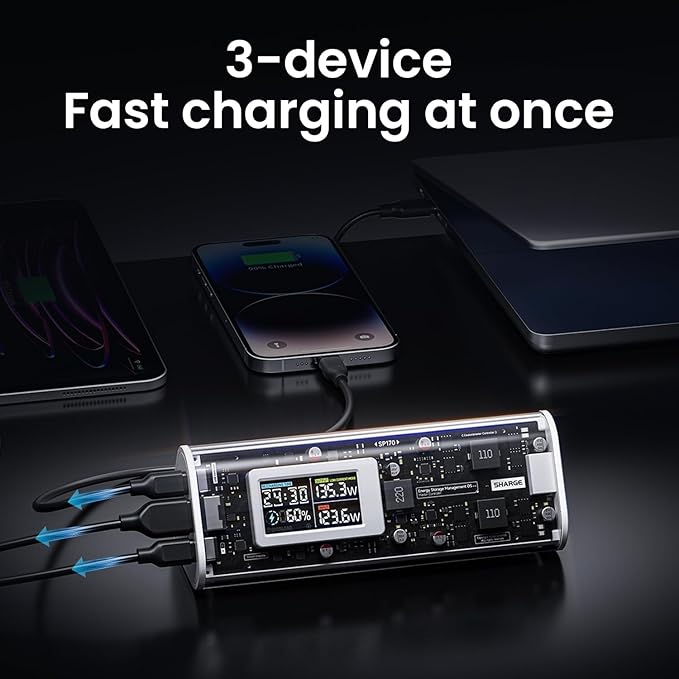 SHARGEEK 170 Power Bank, 170W Total 24,000mAh High Capacity Portable Charger with Smart Display, IP66 140W PD3.1 Battery Pack for Laptop iPhone 17/16/15 Galaxy Google Pixel MacBook, Steam Deck