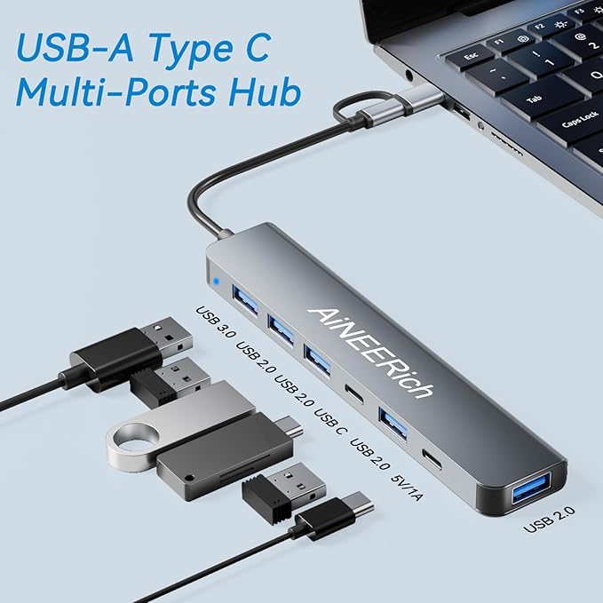 USB C Hub Multiport Adapter,7 in 1 USB-C & USB A Hub Expansion Multi USB3.0/2.0 Port,Aluminum USB Type C Hub for iPhone 16 15,Laptop,PC,Mac,MacBook Pro Air,iPad,Desktop,Grey