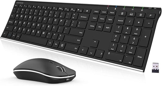 Arteck 2.4G Wireless Keyboard and Mouse Combo Stainless Steel Ultra Slim Full Size Keyboard and Ergonomic Mice for Computer Desktop PC Laptop and Windows 11/10/8 Build in Rechargeable Battery