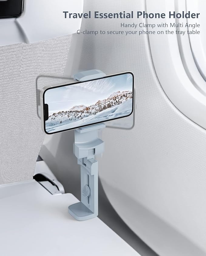 MiiKARE Travel Essentials Airplane Phone Holder, Universal Handsfree Phone Mount for Flying with 360 Degree Rotation, Travel Must Haves Phone Stand for Desk, Tray Table, Blue