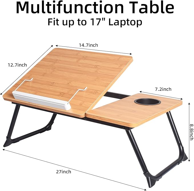 Adjustable Laptop Bed Table with Book Stand, Portable Reading Desk with Side Panel, Wood Grain
