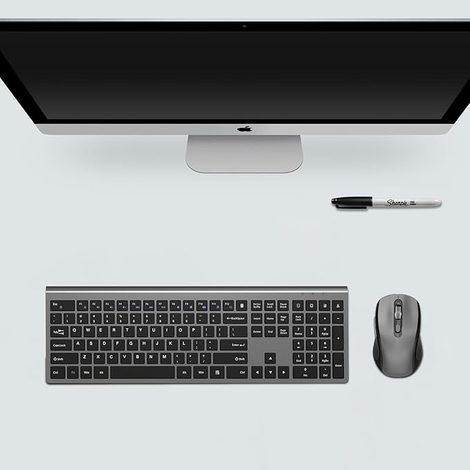 Keyboard and Mouse Wireless, Slim Full Size Keyboard with Calculator Button, Fn Lock, Silent Computer Mouse with Side Button, 2400 DPI, 2.4G USB Cordless Set for Laptop PC Windows Mac -Gray