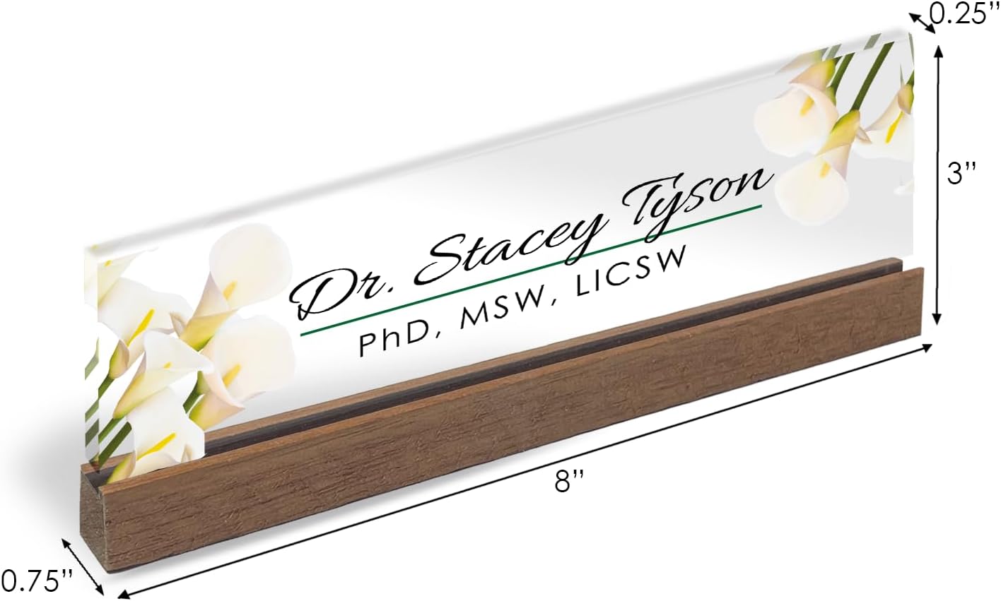 Artblox Personalized Office Desk Name Plate and Business Card Holder | Clear Acrylic Glass with Teak Wood Stand | Calla Flowers Design Customized with Your Name and Credentials Office Desk Decor