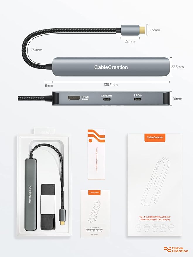 CableCreation 7-in-1 USB-C Hub with 4K 60Hz HDMI, 100W PD, 2 USB 3.0 5Gbps Data Ports, SD/TF Card Slots for Steam Deck, MacBook Pro/Air, iPad Pro, Pixelbook, XPS